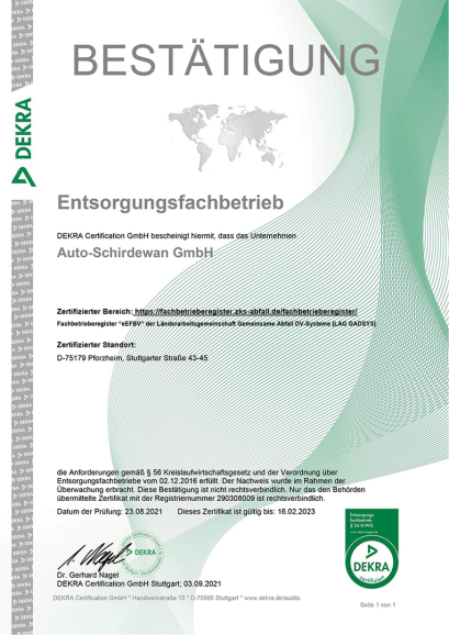 DEKRA zertifizierter Entsorgungsfachbetrieb